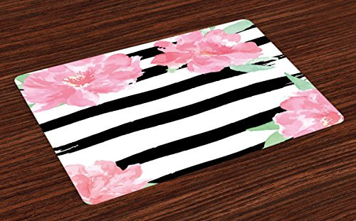 Lunarable Floral Place Mats Set of 4, Watercolor Peony Flowers with Black Brush Strokes Romantic Spring Print, Washable Fabric Placemats for Dining Room Kitchen Table Decoration, Pale Pink Black White