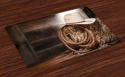 Ambesonne Western Place Mats Set of 4, American West Rodeo Hat Traditional Ranching Robe on Wood Print Folk Art Photo, Washable Fabric Placemats for Dining Room Kitchen Table Decor, Brown Beige Ambesonne Western Place Mats Set of 4, American West Rodeo Hat Traditional Ranching Robe on Wood Print Folk Art Photo, Washable Fabric Placemats for Dining Room Kitchen Table Decor, Brown Beige