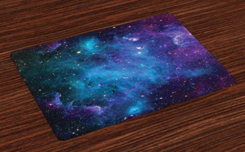 Ambesonne Outer Space Place Mats Set of 4, Galaxy Stars in Space Celestial Astronomic Planets in the Universe Milky Way, Washable Fabric Placemats for Dining Room Kitchen Table Decor, Navy Purple