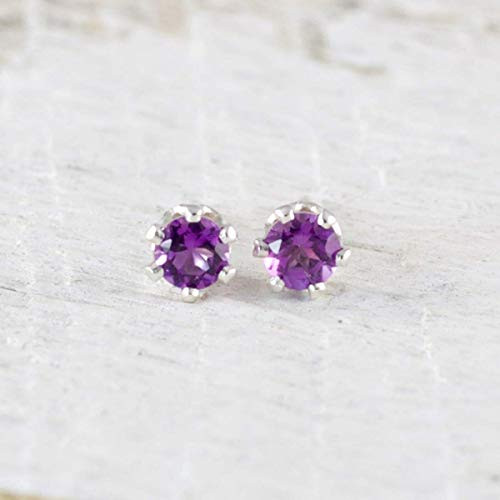 Purple Amethyst Gemstone Tiny Stud Earrings 3mm Sterling Silver February Birthday