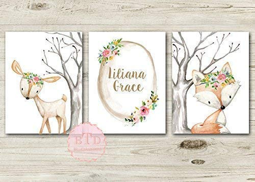 Woodland Fox Woodland Deer Baby Birth Stats Woodland Nursery Wall Art Print Baby Girl Room Decor Woodland Nursery art Baby Girl Nursery Decor