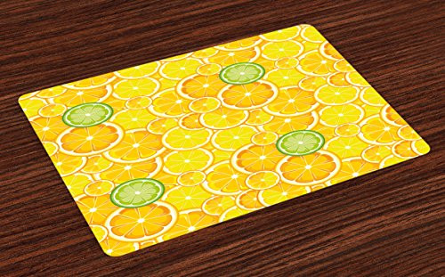 Ambesonne Yellow Place Mats Set of 4, Lemon Orange Lime Fruit Citrus Round Cut Circles Big and Small Pattern, Washable Fabric Placemats for Dining Room Kitchen Table Decor, Yellow White and Green