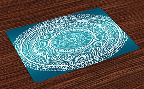 Ambesonne Turquoise Ombre Place Mats Set of 4, Mandala Medallion Starry Design with Flower in Middle Ethnic Ethnic Art, Washable Fabric Placemats for Dining Room Kitchen Table Decor, Dark Turquoise