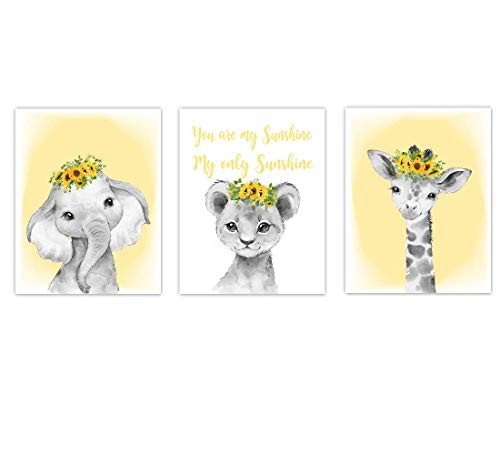 Sunflower Safari Animals Baby Girl Nursery You Are My Sunshine Watercolor Flowers Wall Decor 3 UNFRAMED PRINTS