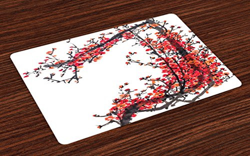 Ambesonne Japanese Place Mats Set of 4, Japanese Cherry Blossom Sakura Branch with Brushstrokes Artistic Image Print, Washable Fabric Placemats for Dining Room Kitchen Table Decor, Red and Brown Ambesonne Japanese Place Mats Set of 4, Japanese Cherry Blossom Sakura Branch with Brushstrokes Artistic Image Print, Washable Fabric Placemats for Dining Room Kitchen Table Decor, Red and Brown