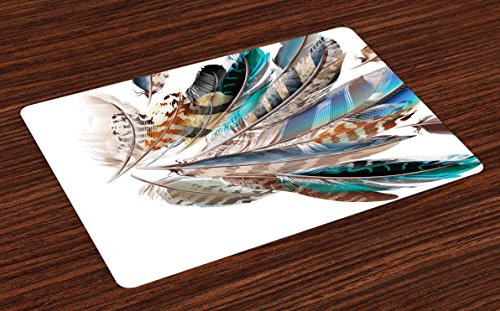 Ambesonne Feathers Place Mats Set of 4, Vaned Types and Natal Contour Flight Bird Feathers and Animal Skin Element Print, Washable Fabric Placemats for Dining Room Kitchen Table Decor, Teal Brown
