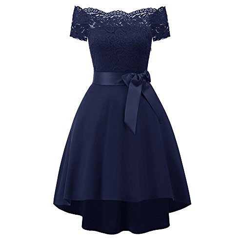 QingFan Women Women Vintage Off Shoulder Slash Collar Princess Floral Lace Cocktail Party Aline Swing Dress -Blue S- QingFan Women Women Vintage Off Shoulder Slash Collar Princess Floral Lace Cocktail Party Aline Swing Dress -Blue S-