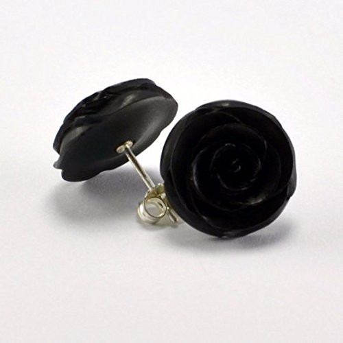 Black Rose Earrings with .925 Sterling Silver Stud Loop Posts - Large