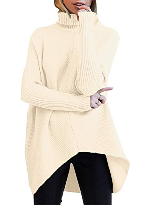 ANRABESS Womens Turtleneck Knit Pullover Sweaters Batwing Long Sleeve High Low Asymmetric Hem Casual Fall Jumper Top A87kaqi-S Apricot