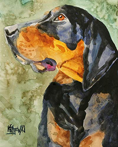 Black and Tan Coonhound Art Print - Coonhound Gifts - From Original Watercolor Painting by Ron Krajewski - Hand Signed in 8x10  and 11x14  Sizes