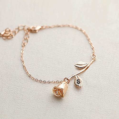 Rose Gold Personalized Rose Bracelet Initial Bracelet Beauty And The Beast Jewelry Flower girl Gift For Mom stocking stuffer - 3MRBR -S-