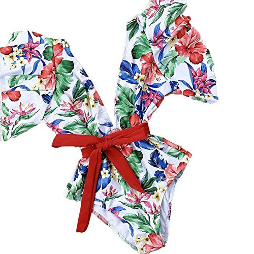 Lenago One Piece Bikini for Women Floral Print Deep V Swimsuit Ruffle Push Up Padded Beachwear High Waist Bandage Bathing Suit -XL White-