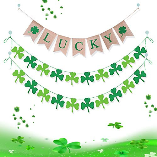 St. Patrick_s Day Shamrock Decorations - Lucky Letters Banner with Shamrock Garlands  Adhesive Hooks for St. Patrick _s Day Decor Irish Party Supplies