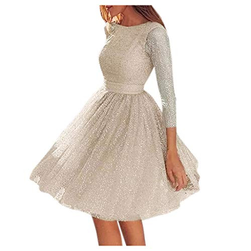 Sayhi Women Solid Sequined Dress O-Neck Elegant Party Evening Dress Long Sleeve Knee Dresses-Beige?S?