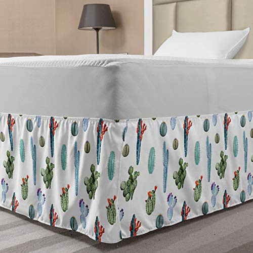 Ambesonne Cactus Elastic Bed Skirt  Watercolor Cactus Plant Image Desert Hot Mexican South Nature Floral Image Print  Wrap Around Fabric Bedskirt Dust Ruffle for Bedroom  Twin Twin XL  Green Blue