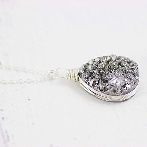Druzy Teardrop Sterling Silver Necklace - 16inch  Length