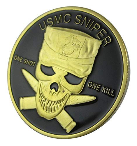 U.S. United States Marine Corps USMC - Skull - USMC Sniper - One Shot One Kill - Gold Plated Challenge Coin