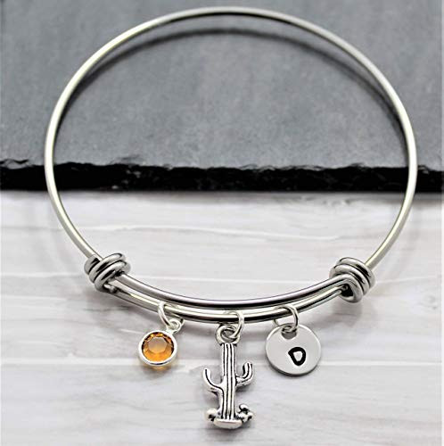 Cactus Charm Bracelet - Personalized Birthstone  and  Initial - Cactus Jewelry - Cactus Theme