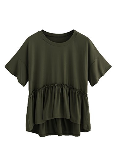 Romwe Women_s Loose Ruffle Hem Short Sleeve High Low Peplum Blouse Top Army Green L
