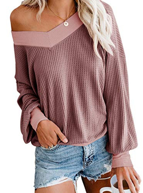 Women_s Casual V Neck Long Sleeve Waffle Knit Off Shoulder Top Oversized Pullover Sweater Mauve Red Medium