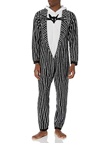 Disney Men_s The Nightmare Before Christmas Hooded One Piece Pajama  Jack Skellington Suit  M