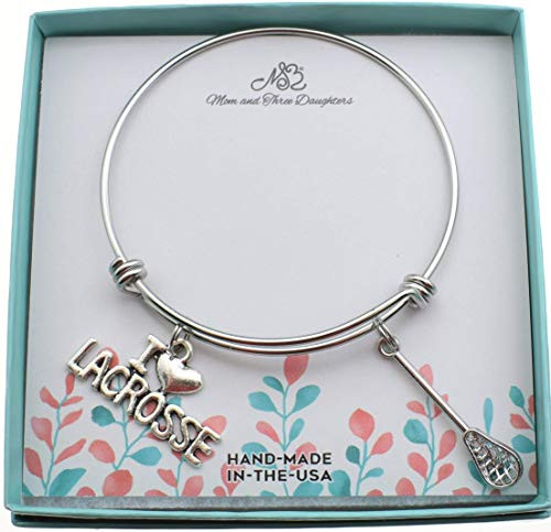 I Love Lacrosse bracelet in stainless steel with silver toned metal lacrosse stick and I love lacrosse charm in silver metal.