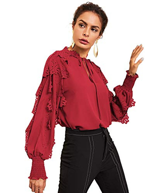 Floerns Women_s Long Sleeve Tie Bow Neck Long Sleeve Ruffle Work Blouse Top Red XL Floerns Women_s Long Sleeve Tie Bow Neck Long Sleeve Ruffle Work Blouse Top Red XL