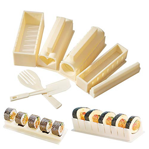 10 Piece Sushi Making Kit for Beginners Plastic Sushi Maker Tool Complete with 8 Sushi Rice Roll Mold Shapes Fork Spatula DIY Home Sushi Tool for Maki Rolls Sushi Rolls