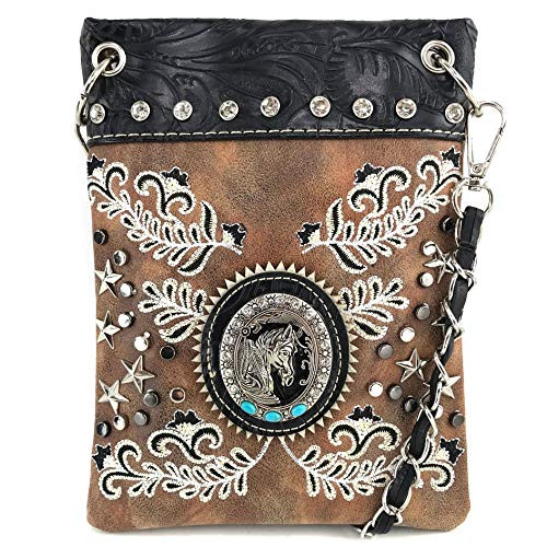 Zelris Western Horse Portrait Star Floral Women Crossbody Small Crossbody Purse -Tan-