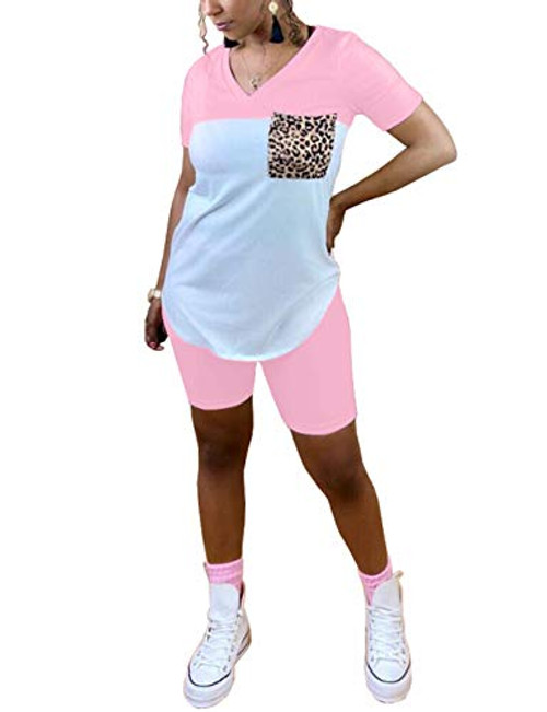 2 Piece Shorts Set for Women Summer Outfits Color Block Short Sleeve Shirts Tops  and  Shorts Tracksuit Sets Pink S 2 Piece Shorts Set for Women Summer Outfits Color Block Short Sleeve Shirts Tops  and  Shorts Tracksuit Sets Pink S