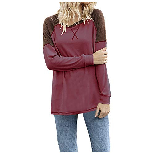 OutTop Women Color Block Long Sleeve Blouse T Shirts Crewneck Patchwork Fall Winter Casual Tees Pullover Tunic Tops -Wine  S-