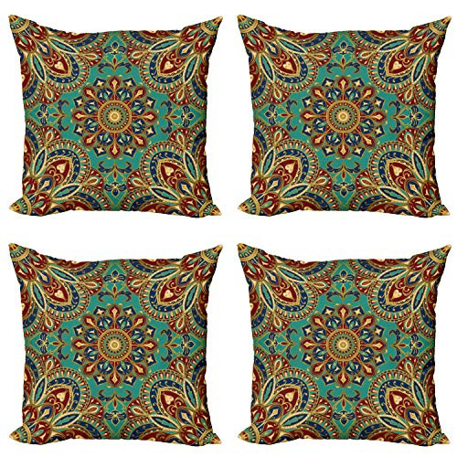 Ambesonne Mandala Throw Pillow Cushion Case Pack of 4  Pattern Style Eastern Medieval Motifs Oriental Ethnic  Modern Accent Double-Sided Digital Printing  20inch   Teal Indigo Ruby