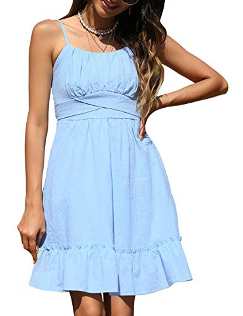 ROYLAMP Women_s Summer Spaghetti Strap Dress Casual Wrap Sleeveless Backless Ruffle Hem Swing Mini Dress with Pockets Light Blue XL