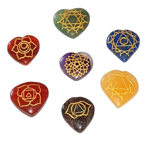 DHYANARSH 7 Chakra Stones Heart Shaped -Reiki Healing Crystal with Engraved Chakra Symbols Holistic Balancing Polished Agate Stones Set of 7 - Reiki - Metaphysical - Crafting