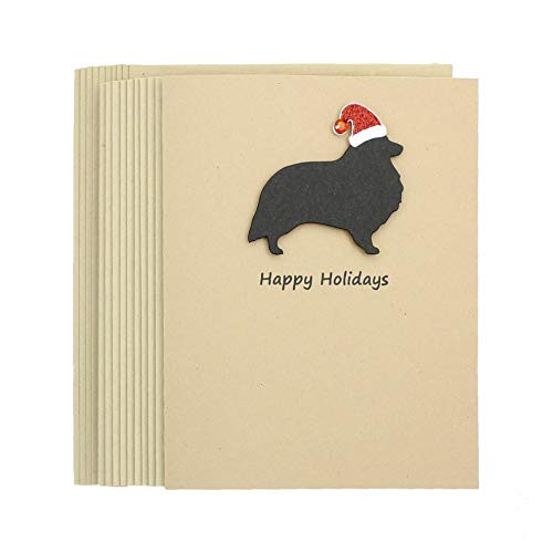 Shetland Sheepdog Christmas Cards 10 Pack - Handmade Sheltie Holiday Greeting Notecards - Black Dog with Santa Hat