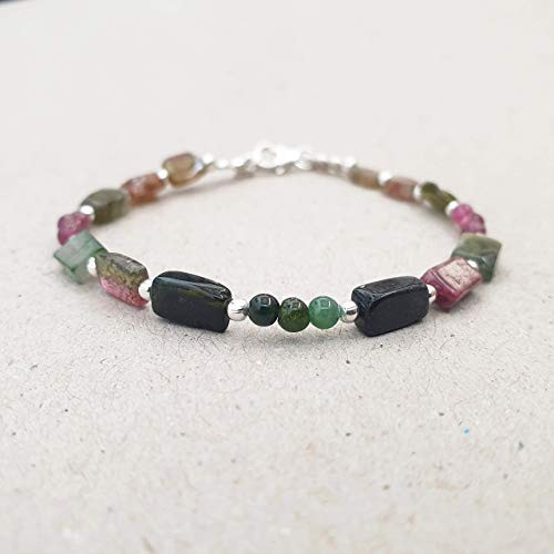 Green Tourmaline Bracelet for women Pink Round Beads Sterling Silver October Birthstone Jewelry