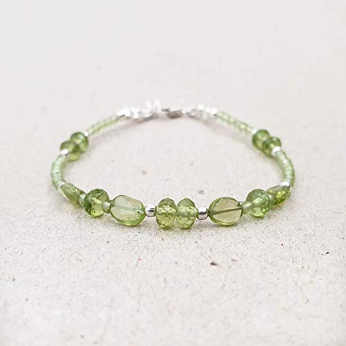 Green Peridot Bracelet for women Round Oval Beads Sterling Silver August Birthday Gemstone Jewelry