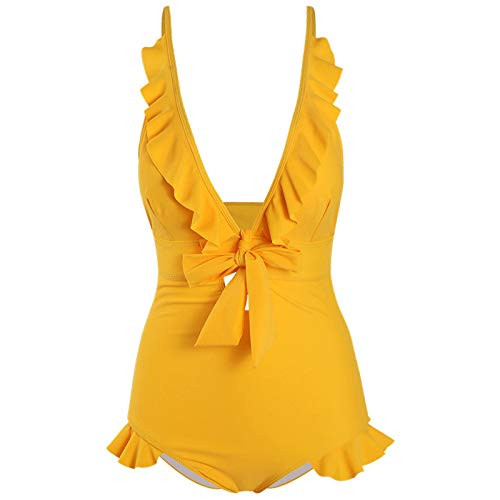 Lenago Women_s One Piece Bikini Ruffle Backless Monokini Swimsuit Push Up Padded Swimwear Bandage High Wasit Beachwear -XL Yellow-