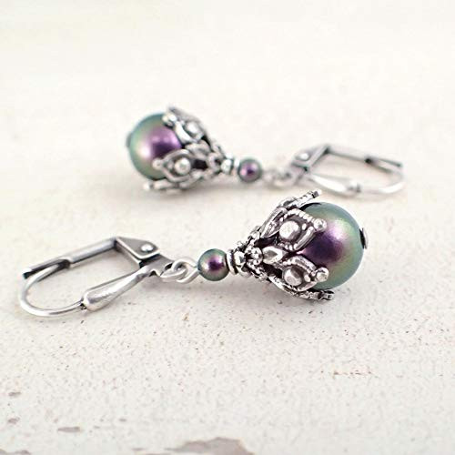 Dark Iridescent Purple Lever Back Earrings with Swarovski Crystal Simulated Pearls Dark Iridescent Purple Lever Back Earrings with Swarovski Crystal Simulated Pearls
