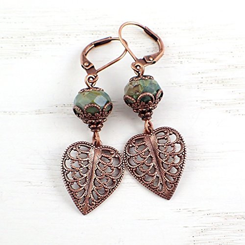 Filigree Leaf Lever Back Earrings with Green Artisan Czech Glass Rondelles Filigree Leaf Lever Back Earrings with Green Artisan Czech Glass Rondelles
