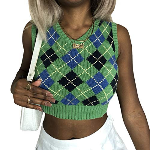 Women Argyle Plaid Preppy Knitted Sweater Vest Sleeveless V-Neck Y2K Casual Crop Tank Top Knitwear Pullover -Green Plaid  M-