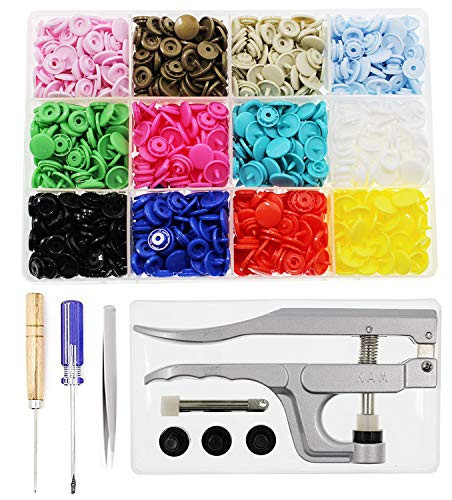 KAM Snaps Buttons  Plus Snap Pliers  Starter Fasteners Kit  384 Sets 12-Colors  Size 20 T5 KAM Snap Plastic Fasteners Punch Poppers Closures No-Sew Buttons for Crafts Cloth Diaper Bibs