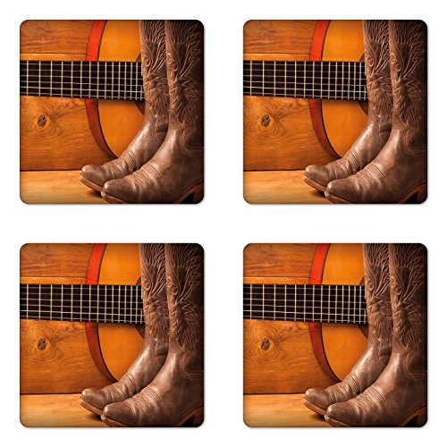 Lunarable Western Coaster Set of Four by, American Country Music Theme Guitar Instrument and Cowboy Shoes on Wood Image, Square Hardboard Gloss Coasters for Drinks, Brown Orange