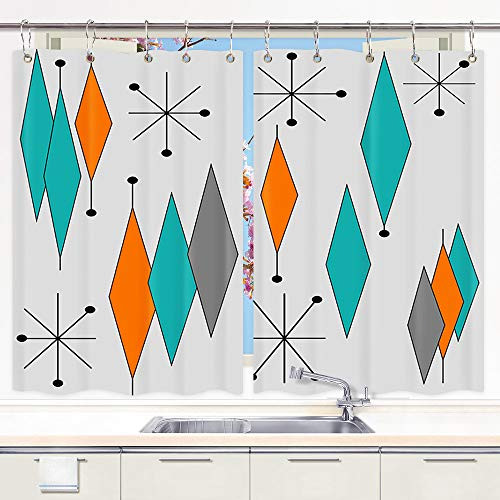 Mid-Century Modern Diamond Pattern Kitchen Window Curtains  Vintage Mid Century Diamond Curtains Panels  Kitchen Decorations Window Drapes  Window Treatment Sets with Hooks  55X39 in
