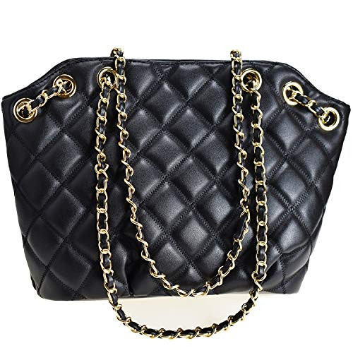 Chain Quilted Tote Bag for Women PU Leather Shoulder Handbag Satchel Purse for Girls -Tote bag black-