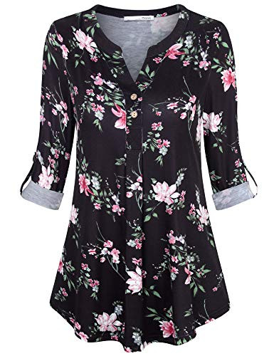 Messic Womens Blouses and Tops  Work Blouse for Women 3 4 Cuffed Sleeve Tunic Tops Long Sleeve V Neck Dressy Office Shirts Pleated Loose Fit Business Casual Tops for Leggings Black Pink XL