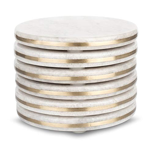 Home Sapor Marble Coasters For Drinks - Set of 6 Handcrafted Modern Luxury Coasters with Gold Brass Inlay - Made From Real Solid Marble