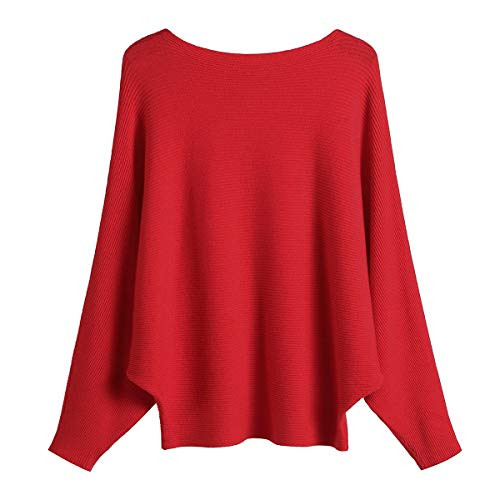 GABERLY Boat Neck Batwing Sleeves Dolman Knitted Sweaters and Pullovers Tops for Women -Red  One Size-