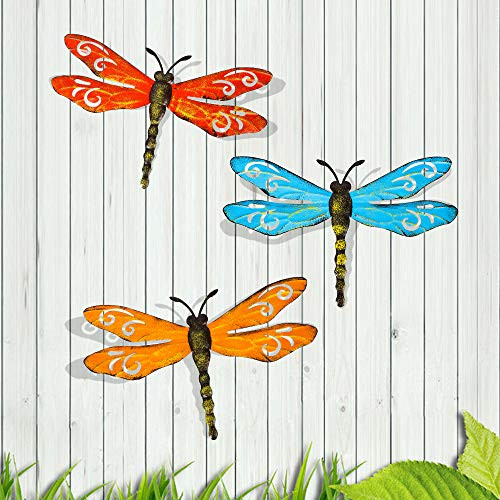 Scwhousi Metal Dragonfly Wall Decor Outdoor Garden Fence Art Hanging Decorations for Living Room  Bedroom  3 Pack