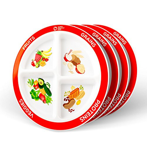 MyPlate Divided Kids Portion Plate, 4 Pack, 4 Fun & Balanced Sections for Picky Eaters